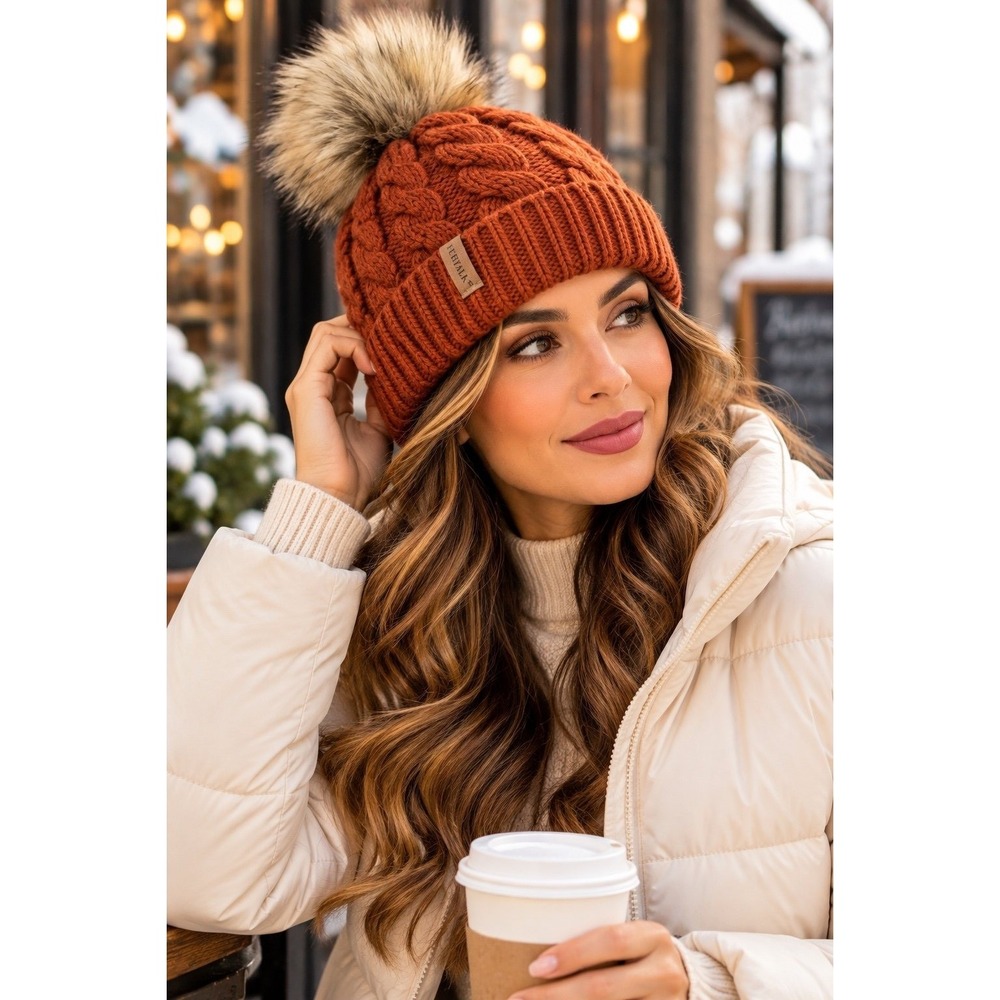 Furtalk Orange Cable Knit Pom Pom Beanie Faux Fur Lined Winter Hat